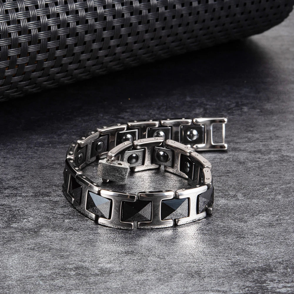 Men Ceramic Bracelet Black & Silver Magnetic Hematite Energy