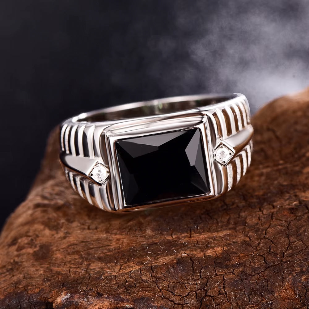 925 Sterling Silver Ring Onyx Men Flower Engrave Women Wedding Rings Set