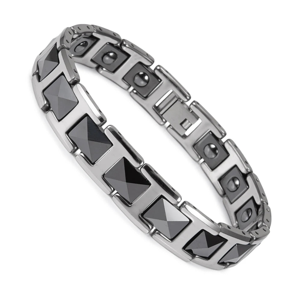 Men Ceramic Bracelet Black & Silver Magnetic Hematite Energy