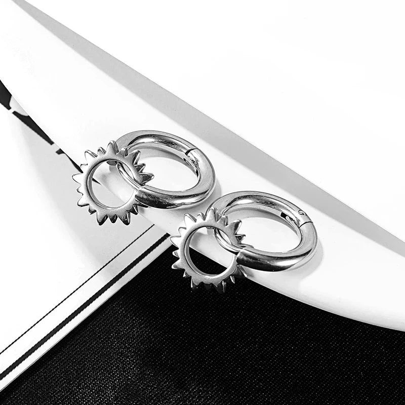 Stainless Steel Men Huggie Gear Hoop Stud Earrings Set