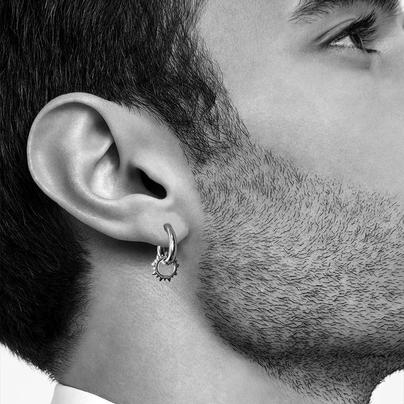 Stainless Steel Men Huggie Gear Hoop Stud Earrings Set