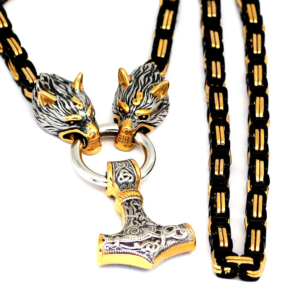 Viking Wolf Head Pendant with Byzantine Chain Necklace