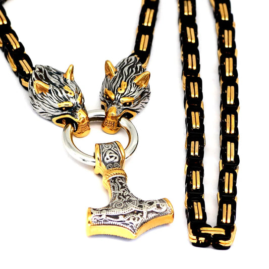Viking Wolf Head Pendant with Byzantine Chain Necklace