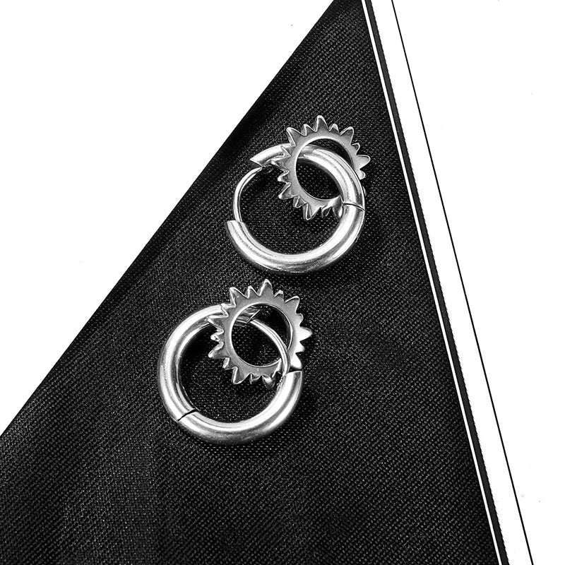 Stainless Steel Men Huggie Gear Hoop Stud Earrings Set