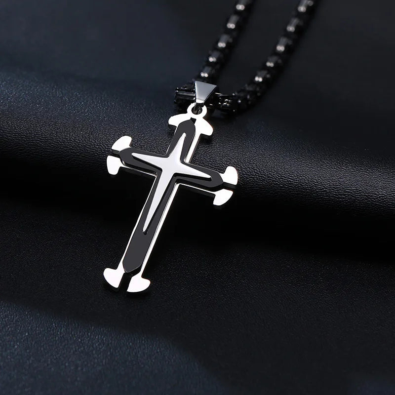 Stainless Steel Men Cross Necklace Pendant For Boys Byzantine Chain Black Gold