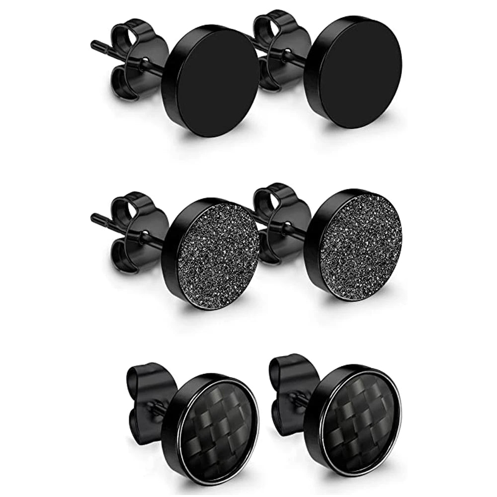 3 Pairs Stainless Steel Stud Earrings for Men Women Black Carbon Fiber Pierced
