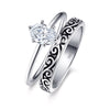 925 Sterling Silver Ring Onyx Men Flower Engrave Women Wedding Rings Set