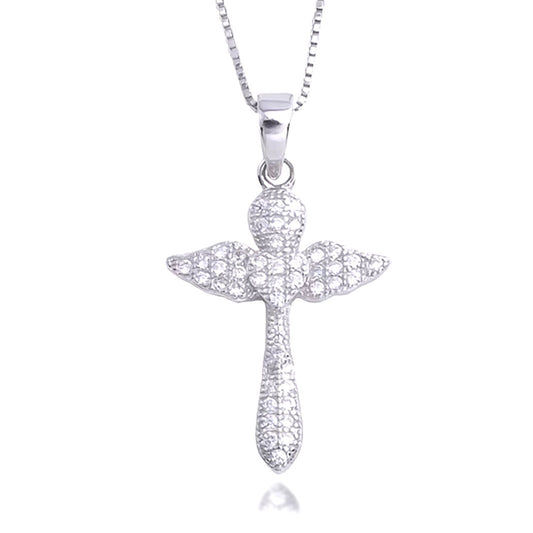 Sterling Silver Winged Cross with Cubic Zirconia Crystals Necklace