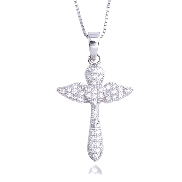 Sterling Silver Winged Cross with Cubic Zirconia Crystals Necklace