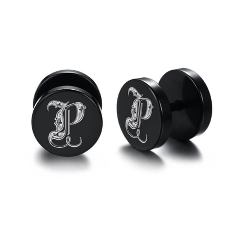 10mm Stainless Steel Stud Hoop Initials 26 Letter Stud Barbell Earrings for Men Women-Earrings-Innovato Design-P-Innovato Design