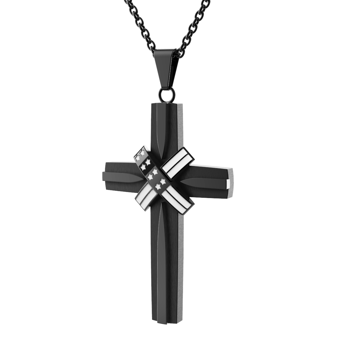American Flag Patriotic Cross Pendant Necklace - Engraved "In God We Trust" and 24" Chain