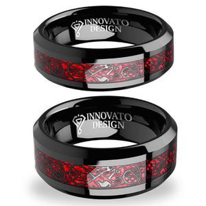 His & Her 6mm/8mm Red Carbon Fiber Black Celtic Dragon Tungsten Carbide Wedding Bands Set-Ring-Innovato Design-6-5-Innovato Design