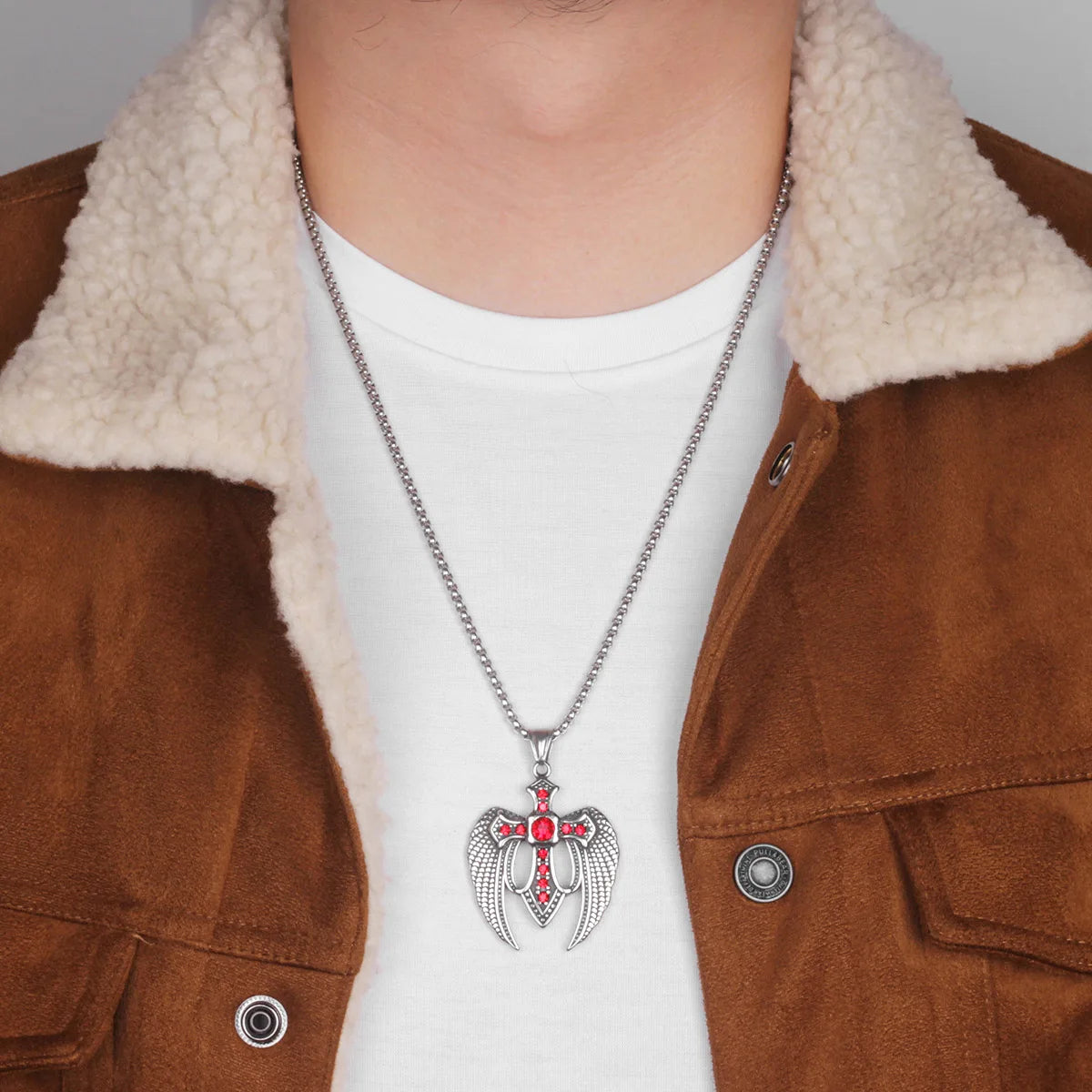 Men's Stainless Steel Pendant Necklace CZ Silver Tone Black Cross Angel Wing