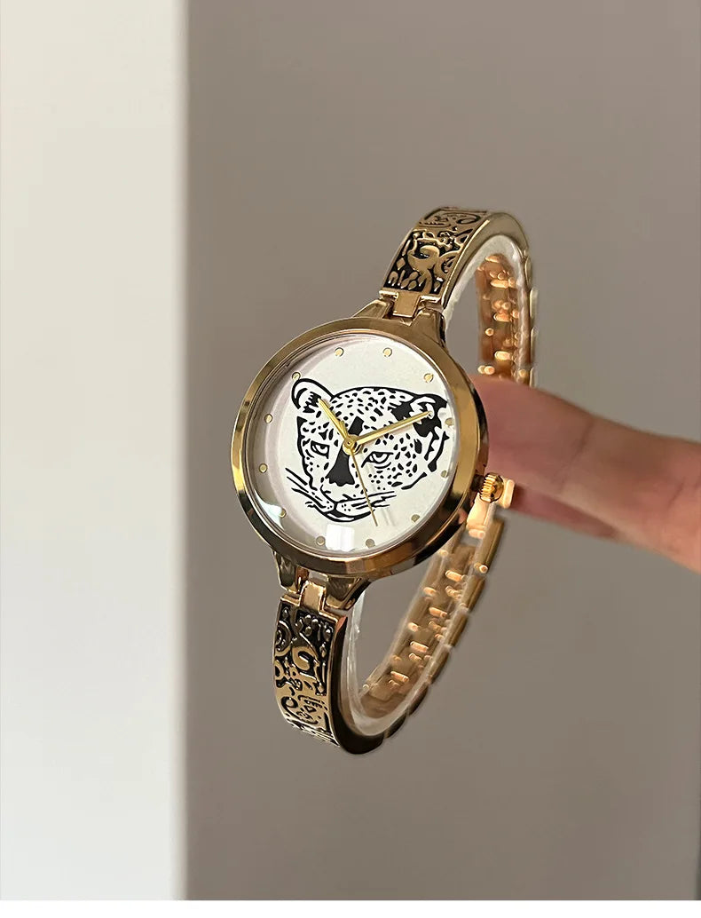 Waterproof Leopard Shining Cubic-Zirconia-Studded Stainless Steel Band Fashion Hip-hop Quartz Watch