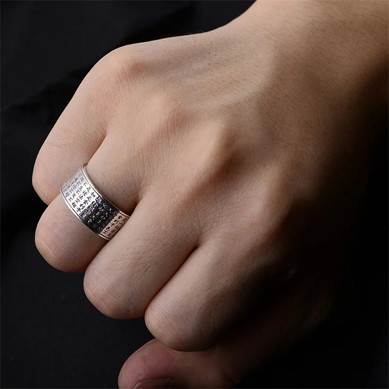 Heart Sutra Buddha Chinese Letters 999 Genuine Silver Engraved Vintage Ring