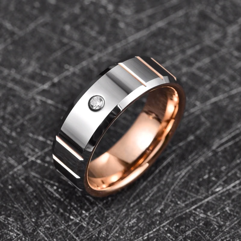 Men 8mm Rose Gold Tungsten Carbide Ring CZ Wedding Engagement Band Comfort Fit