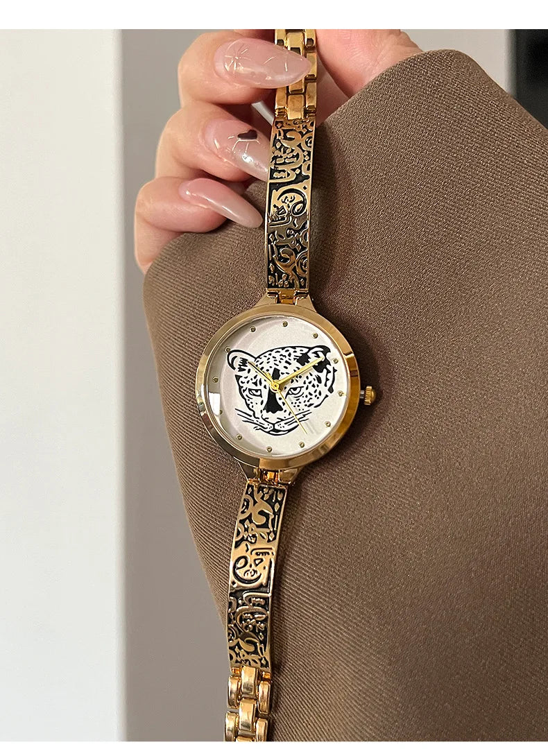 Waterproof Leopard Shining Cubic-Zirconia-Studded Stainless Steel Band Fashion Hip-hop Quartz Watch