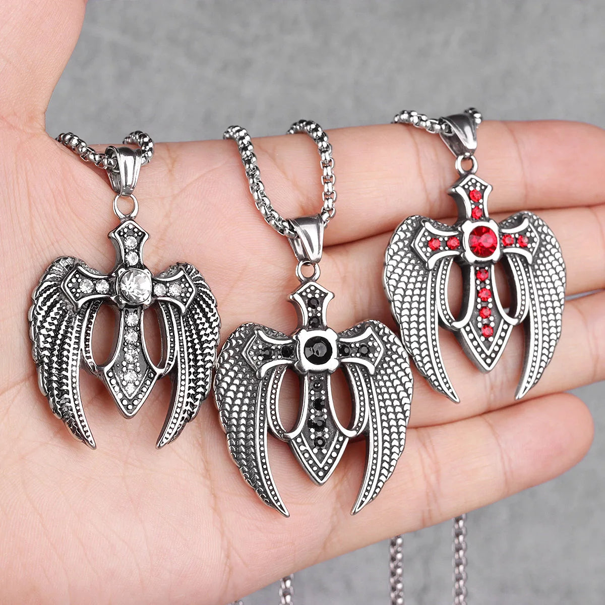 Men's Stainless Steel Pendant Necklace CZ Silver Tone Black Cross Angel Wing