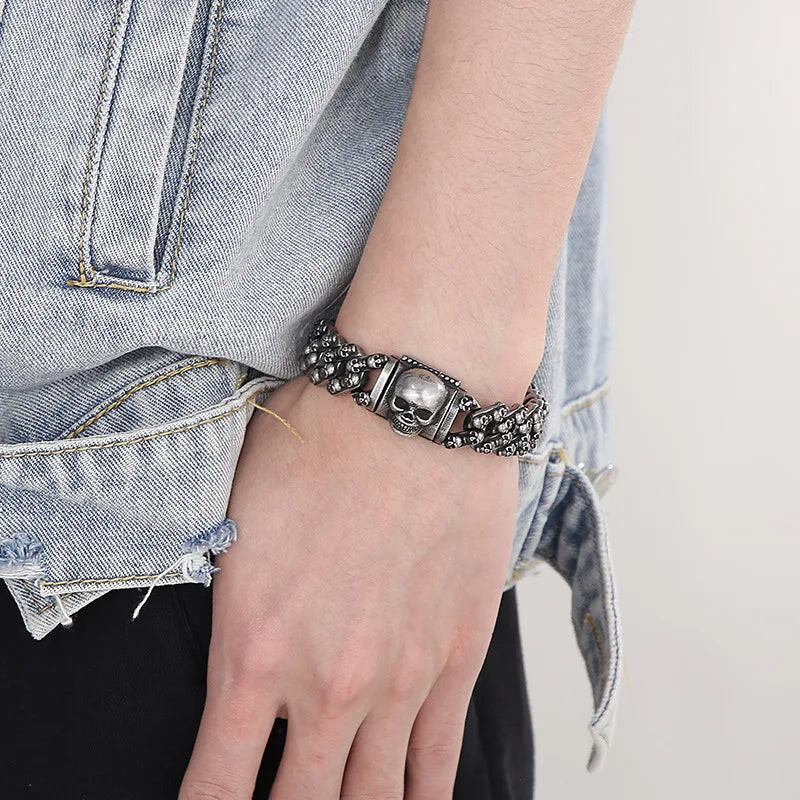 Large Stainless Steel Skull Bracelet Link Chain for Men