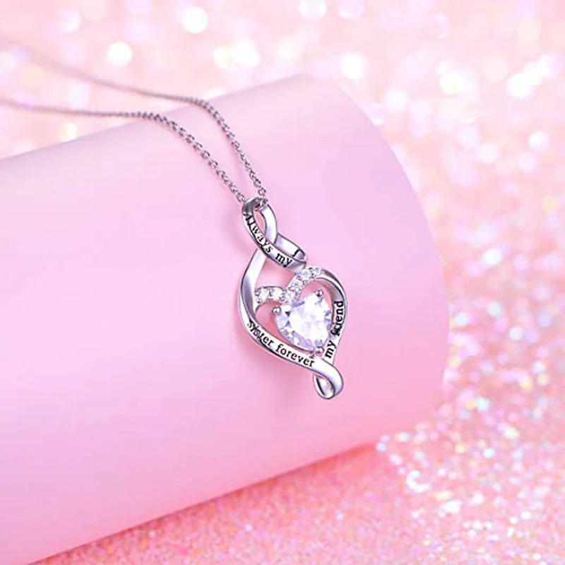 Stainless Steel Always My Sister Forever My Friend Double Love Heart Necklace, Box Chain 18"