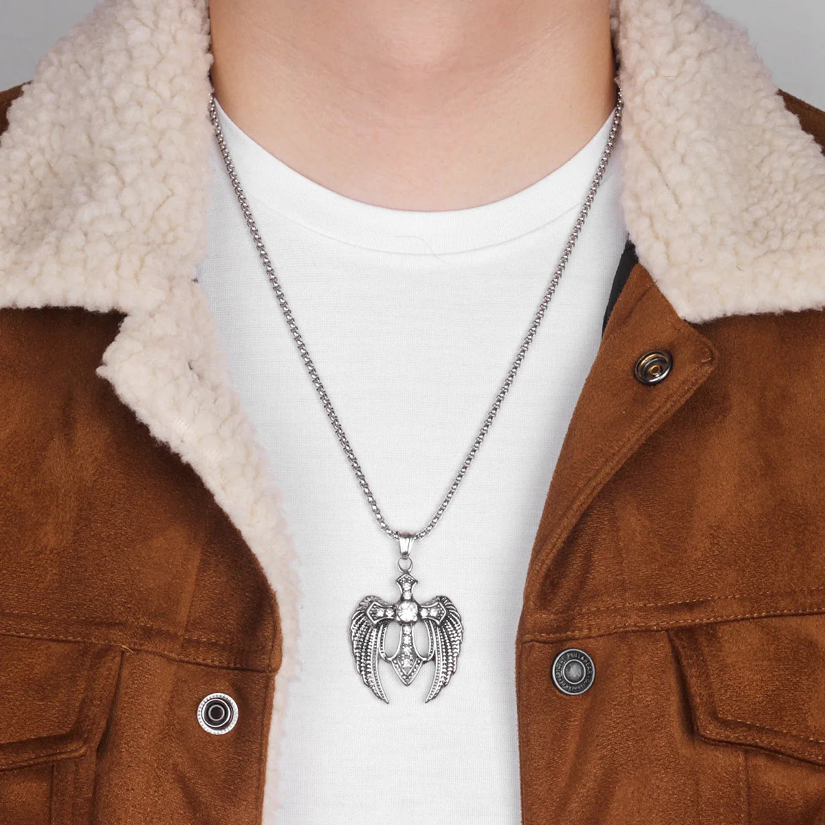 Men's Stainless Steel Pendant Necklace CZ Silver Tone Black Cross Angel Wing