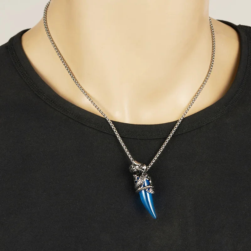 Men Gothic Dragon Tooth Crystal Stainless Steel Pendant Necklace Blue