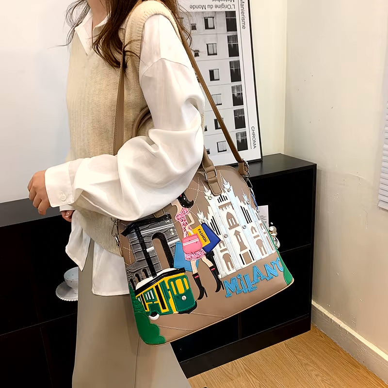 Vintage Luxury Embroidery PU Leather Tote Bag, Shoulder Bag, Crossbody Bag and Handbag