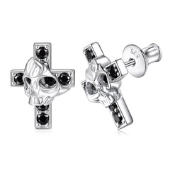 Men 925 Sterling Silver Cross Skull Stud Earrings