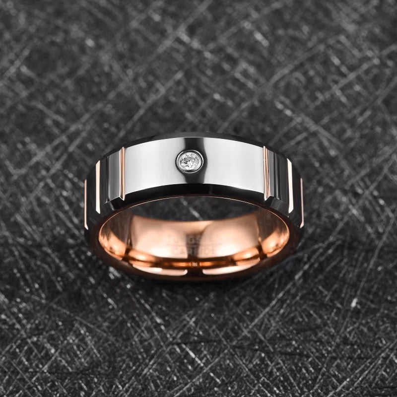 Men 8mm Rose Gold Tungsten Carbide Ring CZ Wedding Engagement Band Comfort Fit