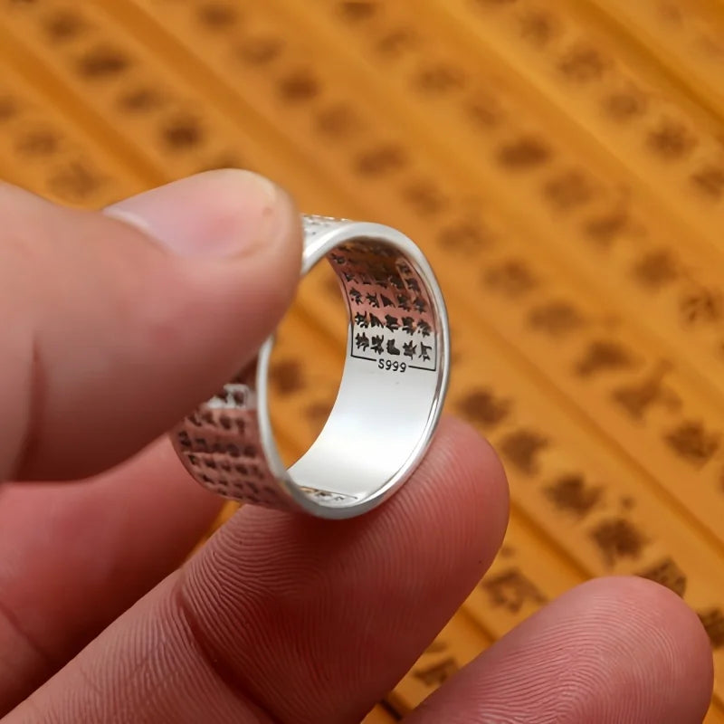 Heart Sutra Buddha Chinese Letters 999 Genuine Silver Engraved Vintage Ring