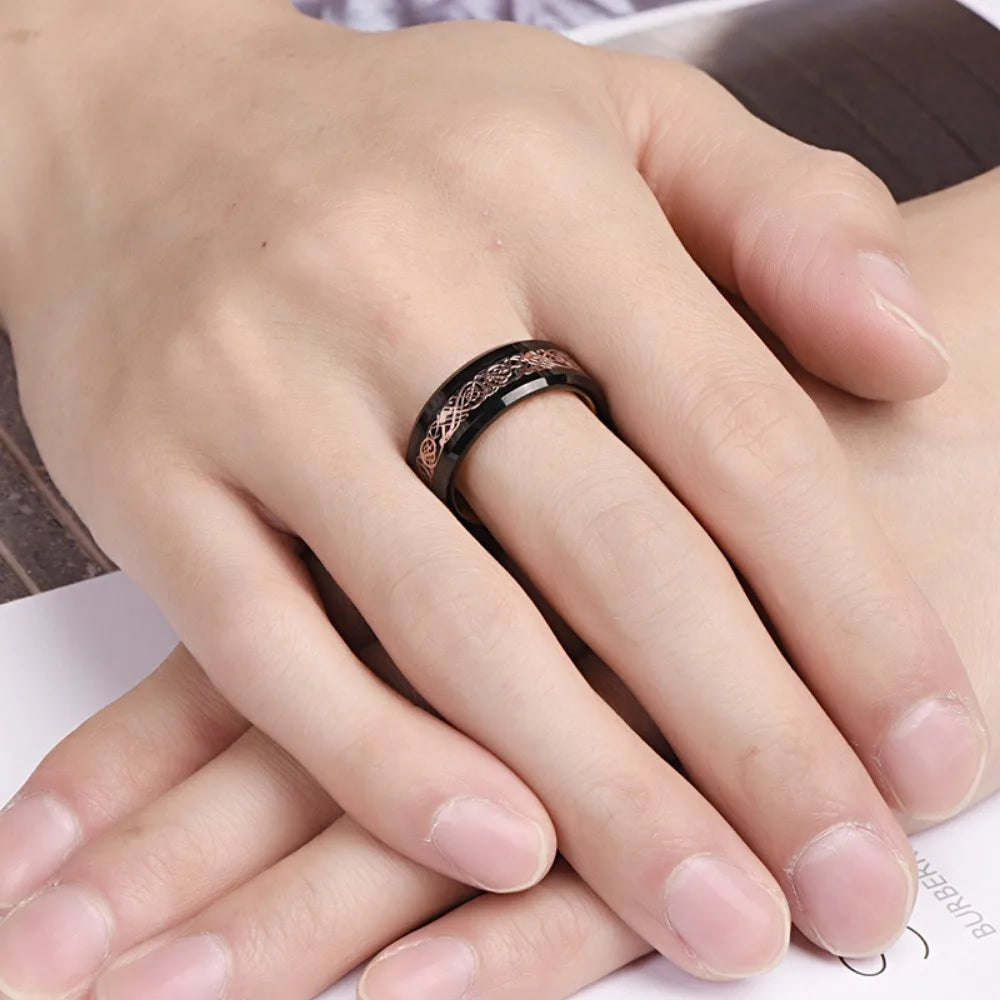DRAGON 8mm Rose Gold Celtic Dragon Inlay Black Tungsten Wedding Ring Band Comfort Fit