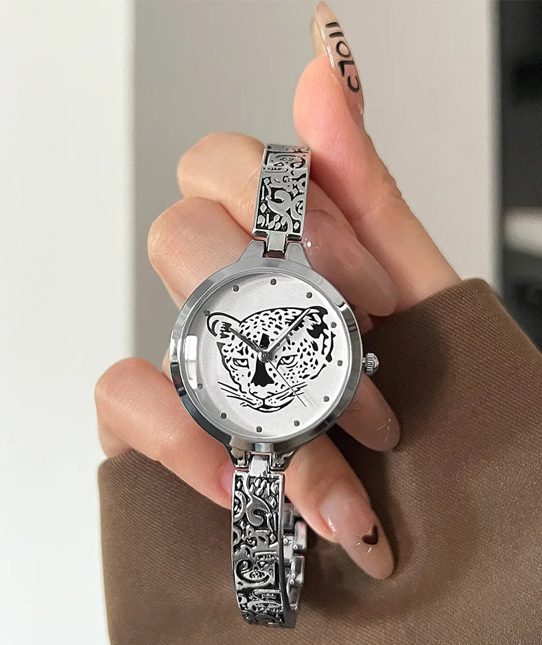 Waterproof Leopard Shining Cubic-Zirconia-Studded Stainless Steel Band Fashion Hip-hop Quartz Watch