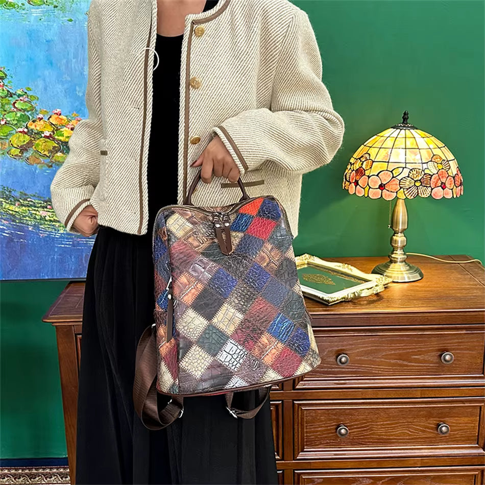 Multi-color Leather Backpack with Embossed Patterns on Patchwork Design