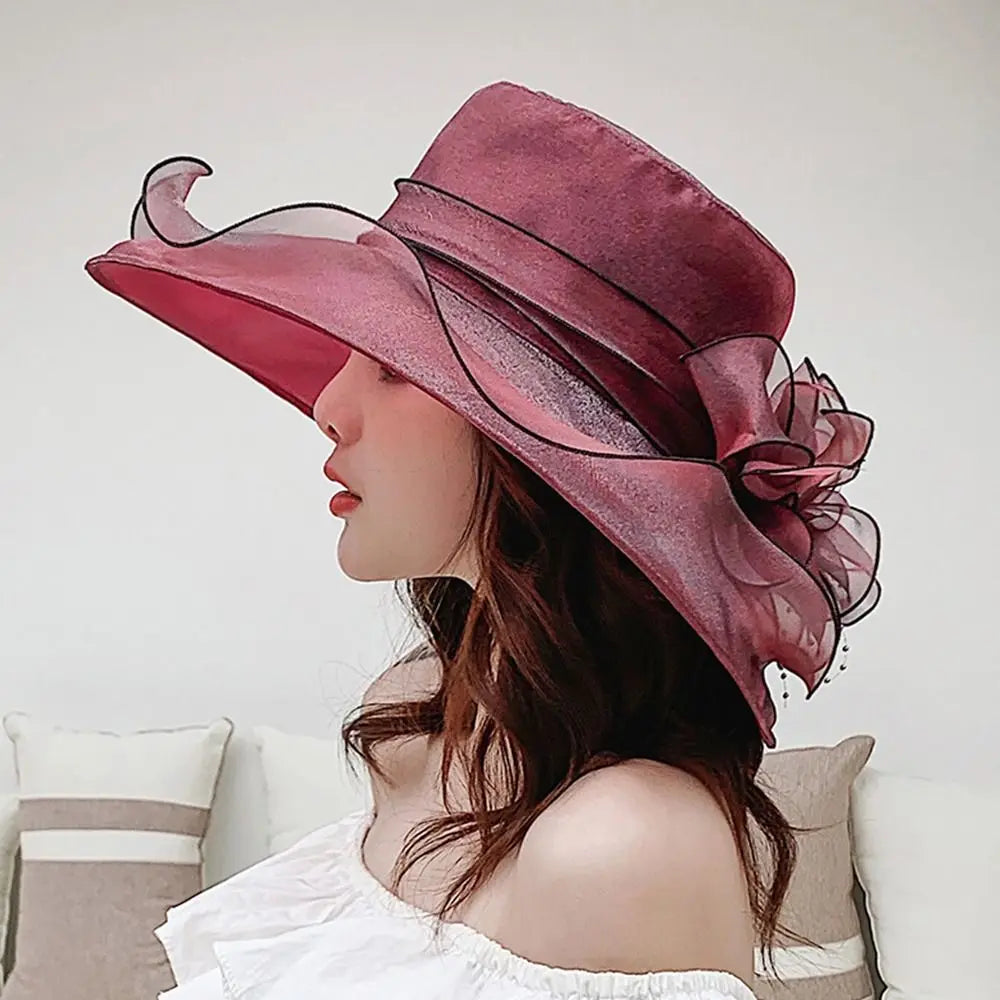 Floppy Large Brim Organza Sun Hat with Pearls