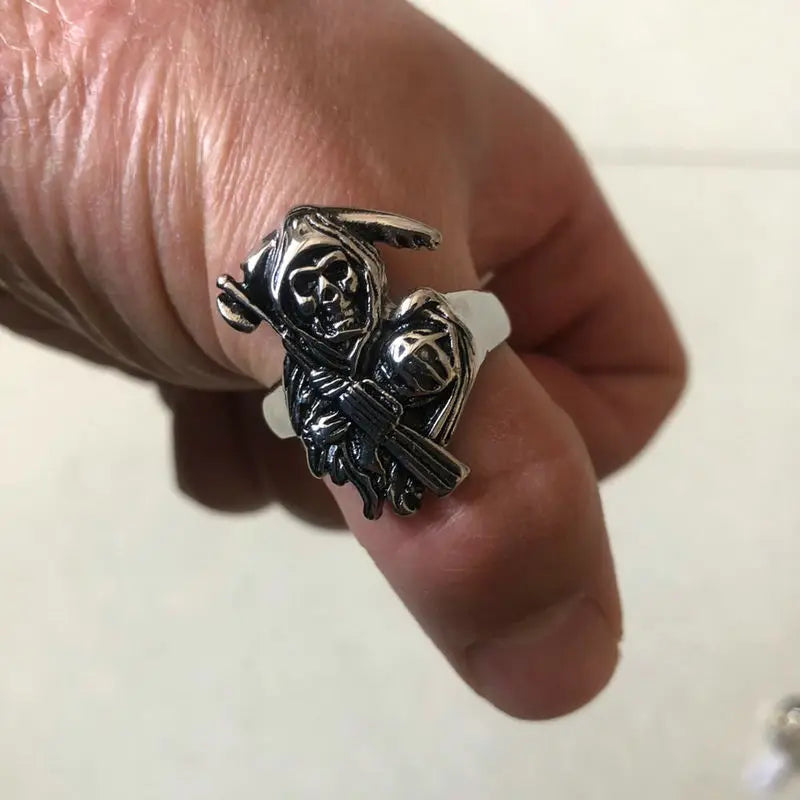 Stainless Steel Band Casted Grim Reaper Skull Biker Men Ring