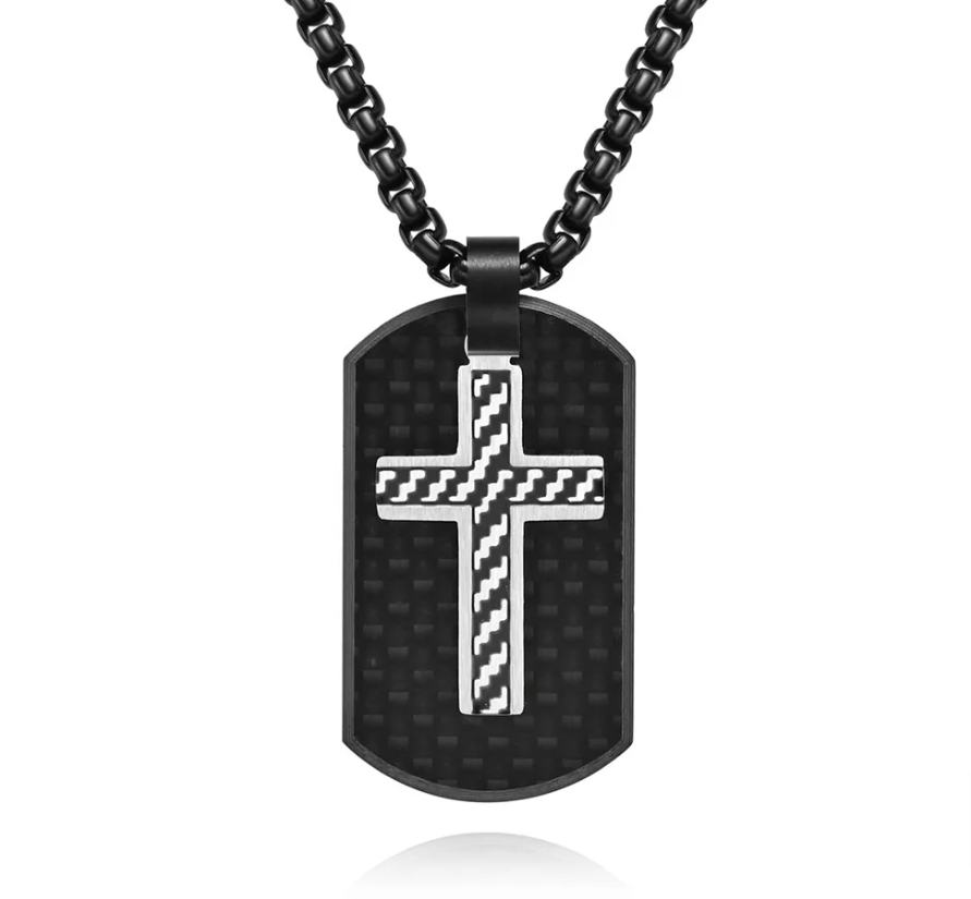 Cross Pendant Black Stainless Steel And Carbon Fiber Tag Necklace-Necklaces-Innovato Design-Black Silver-Innovato Design