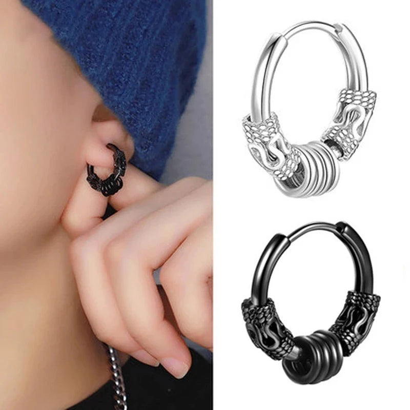 Men's Stainless Steel Stud Hoop Huggie Earrings Black Totem Punk Rock 4 Pairs