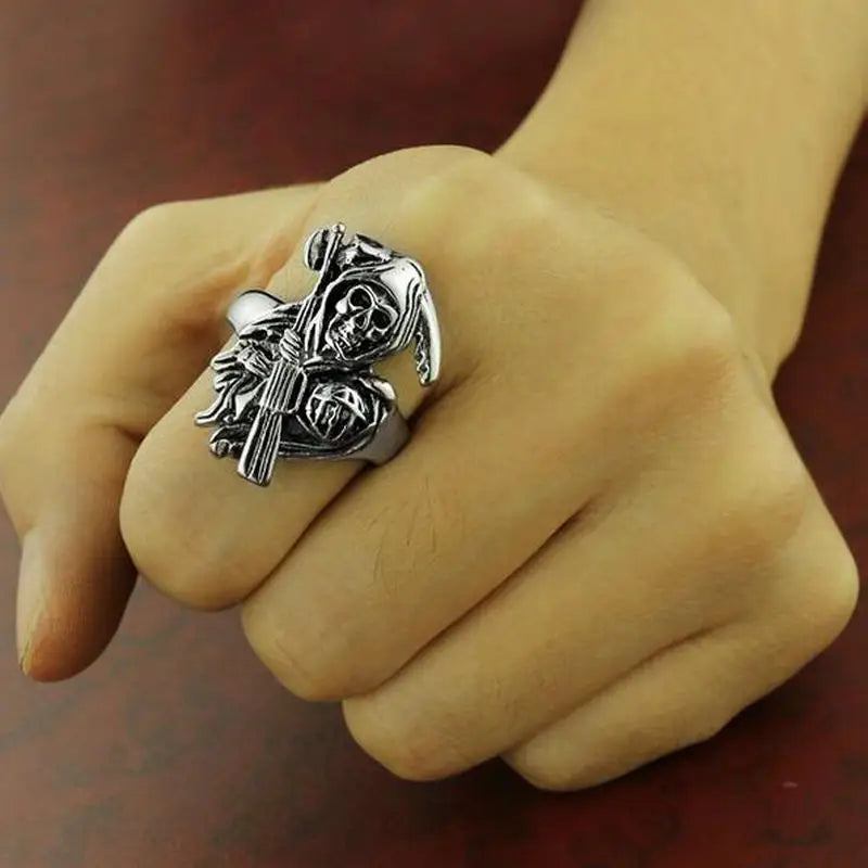 Stainless Steel Band Casted Grim Reaper Skull Biker Men Ring