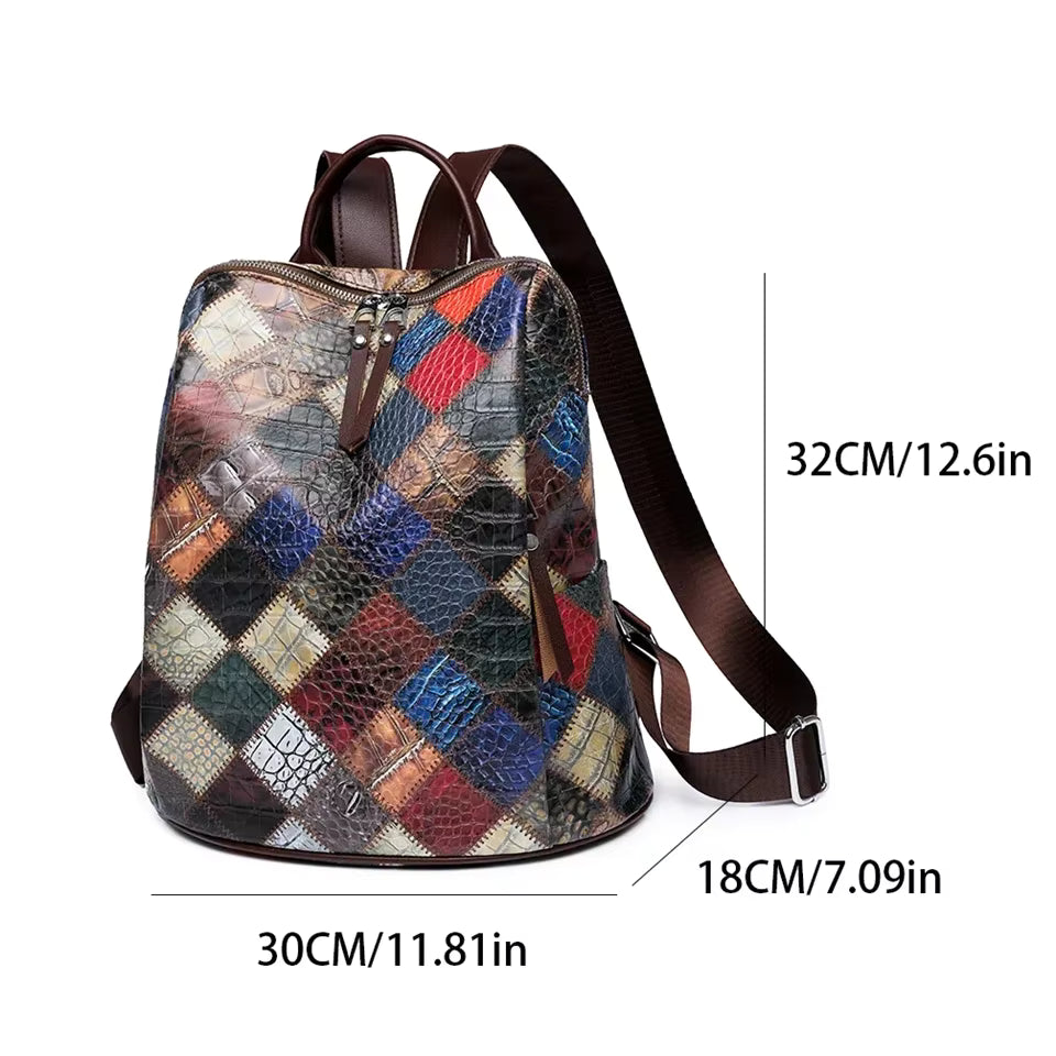 Multi-color Leather Backpack with Embossed Patterns on Patchwork Design