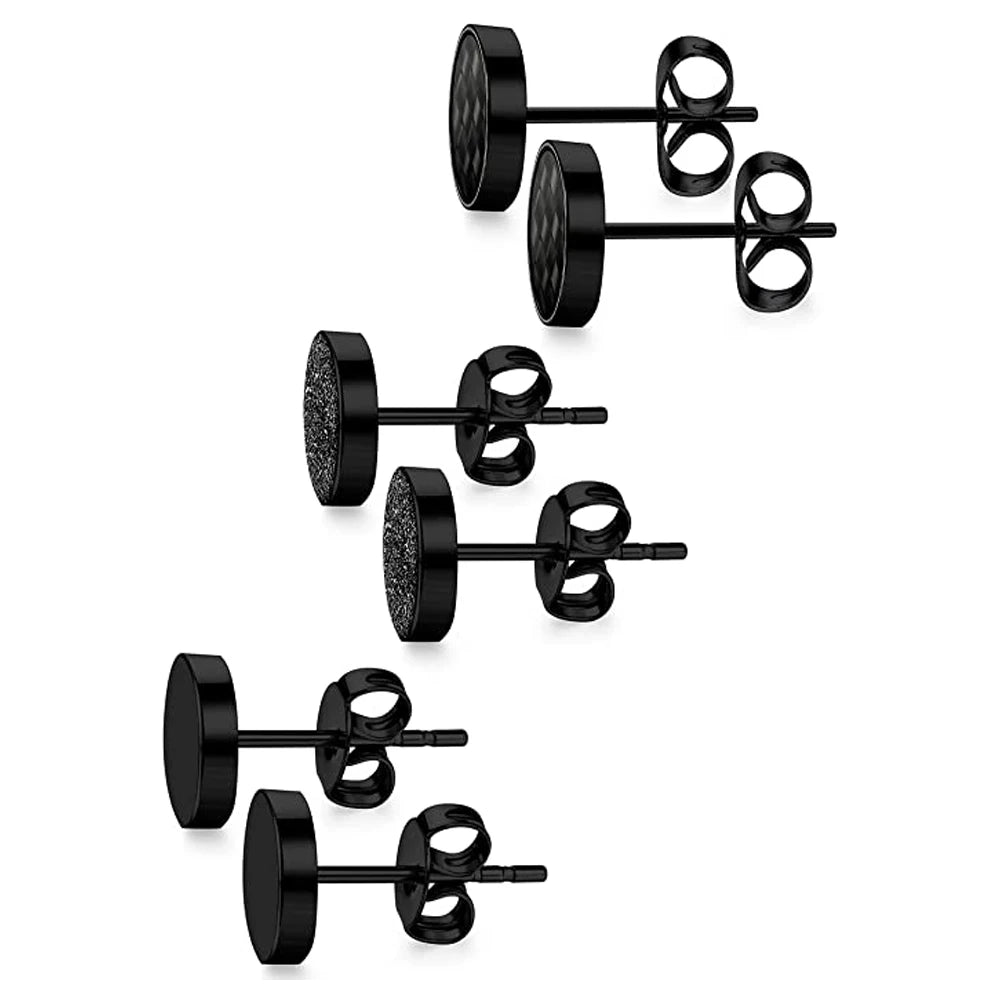 3 Pairs Stainless Steel Stud Earrings for Men Women Black Carbon Fiber Pierced