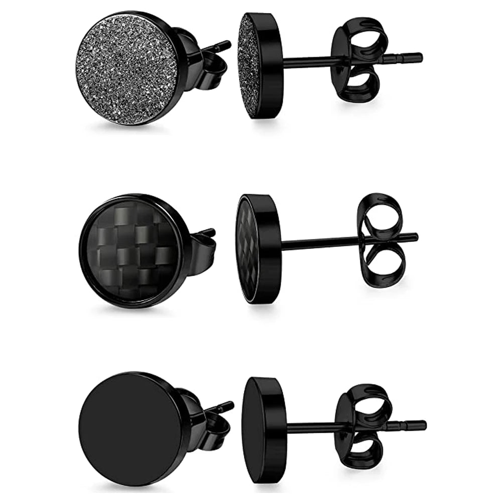 3 Pairs Stainless Steel Stud Earrings for Men Women Black Carbon Fiber Pierced