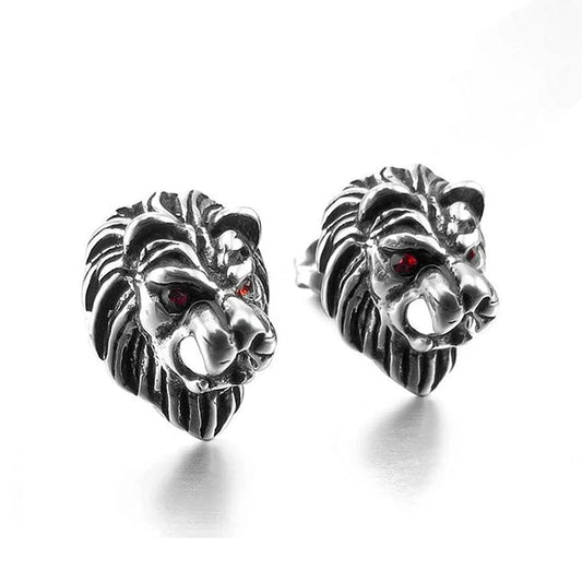 Men's Stainless Steel Stud Earrings CZ Silver Tone Black White Red Lion
