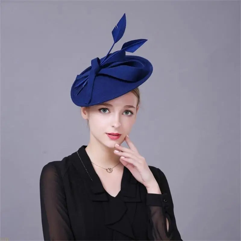 Blue Wool Pillbox Fascinator Hat with Blue Feathers