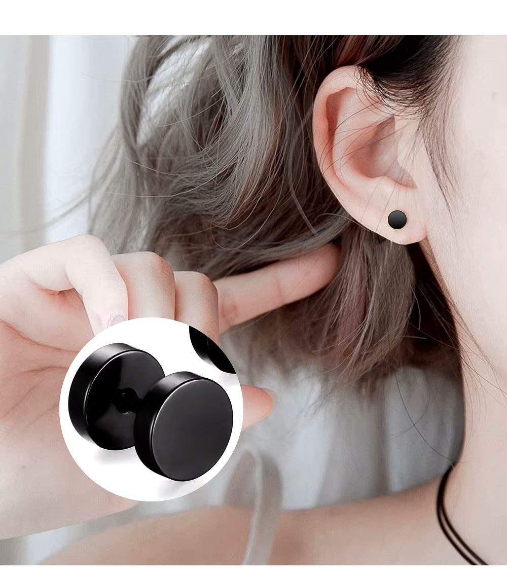 2 Pairs Men Women Stainless Steel Round Tunnel Plug Stud Earrings, Silver Black, 3-14mm