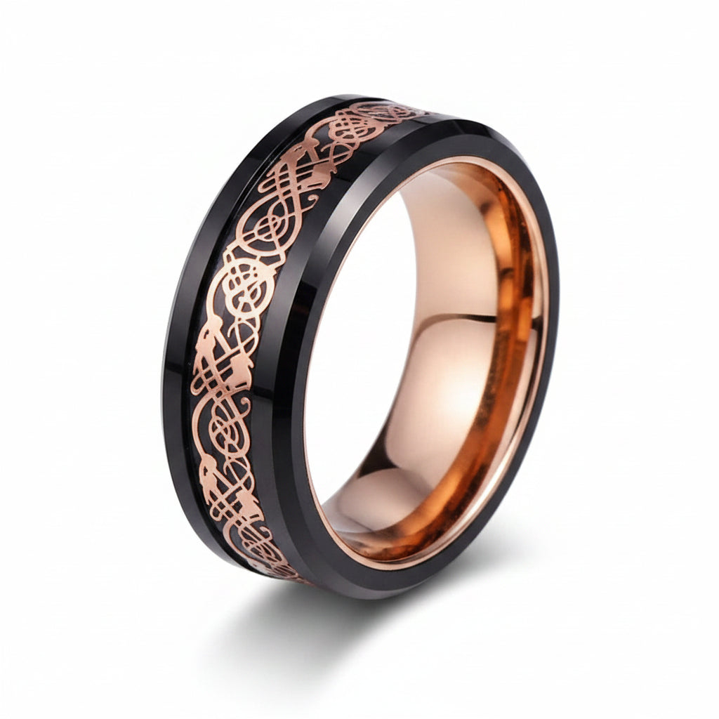 DRAGON 8mm Rose Gold Celtic Dragon Inlay Black Tungsten Wedding Ring Band Comfort Fit