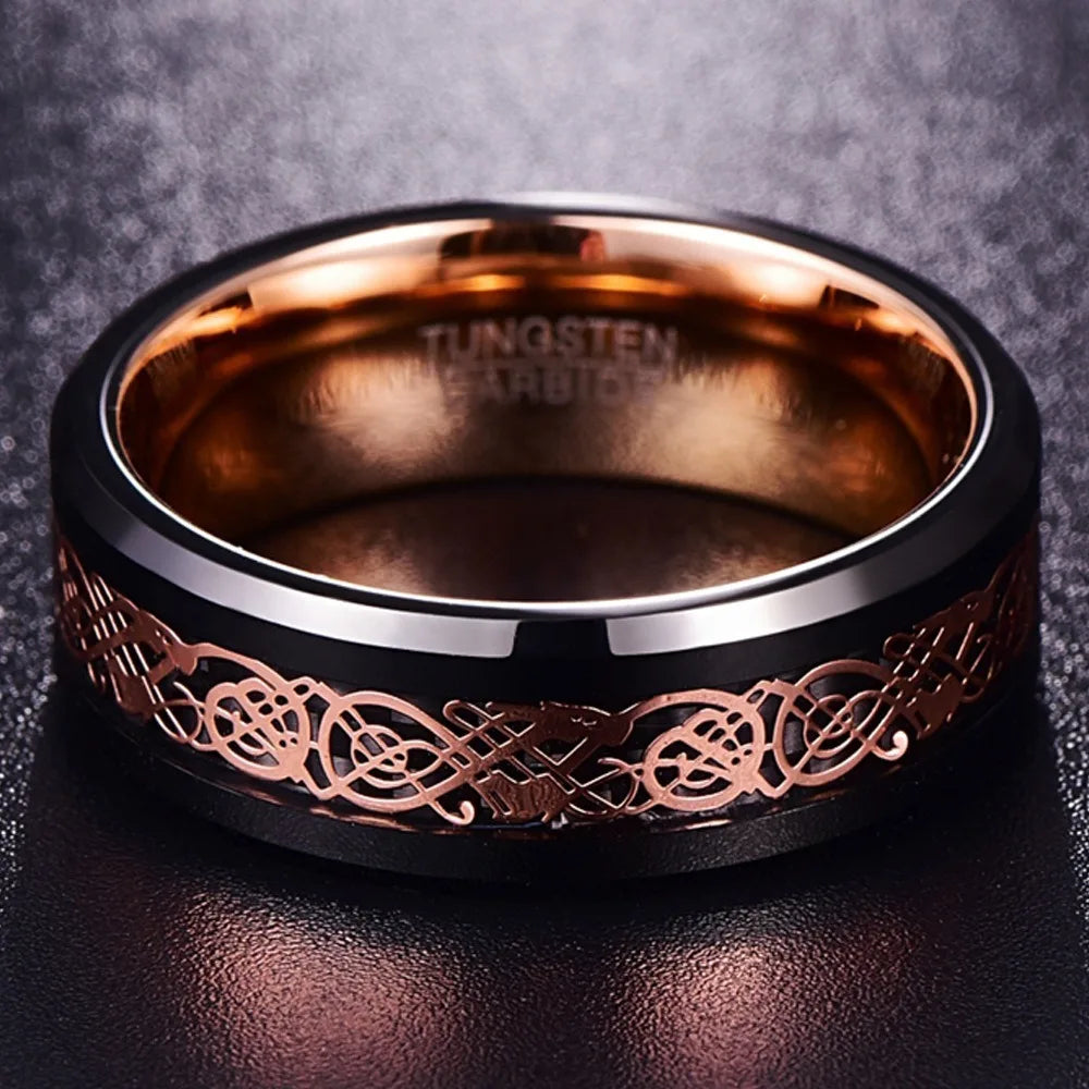 DRAGON 8mm Rose Gold Celtic Dragon Inlay Black Tungsten Wedding Ring Band Comfort Fit