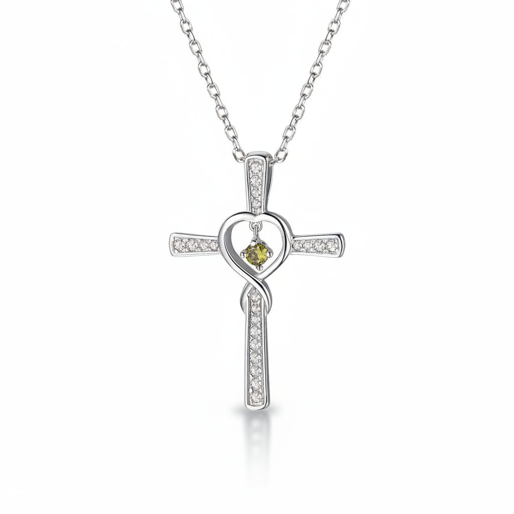 925 Sterling Silver Peridot Heart Crystal on Silver Cross Pendant and Chain Necklace