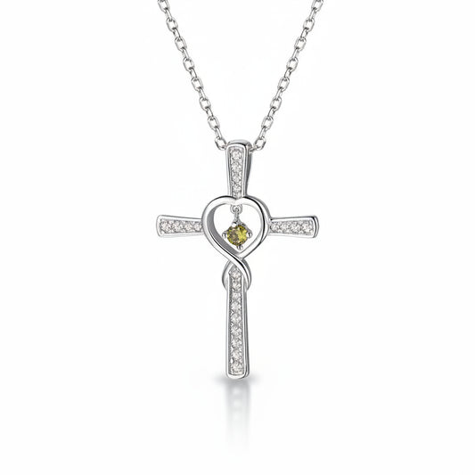 925 Sterling Silver Peridot Heart Crystal on Silver Cross Pendant and Chain Necklace
