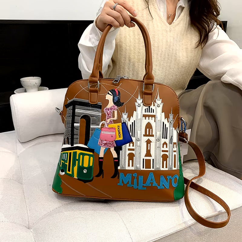 Vintage Luxury Embroidery PU Leather Tote Bag, Shoulder Bag, Crossbody Bag and Handbag