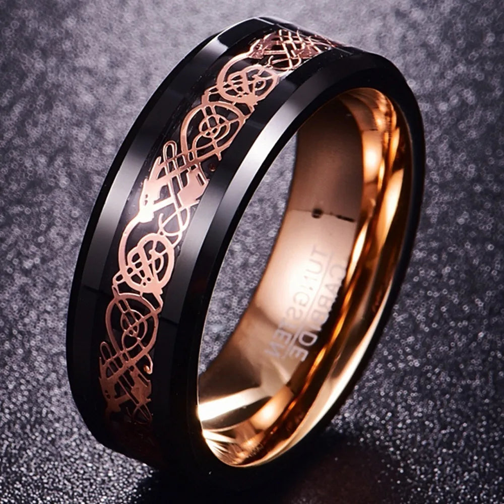 DRAGON 8mm Rose Gold Celtic Dragon Inlay Black Tungsten Wedding Ring Band Comfort Fit
